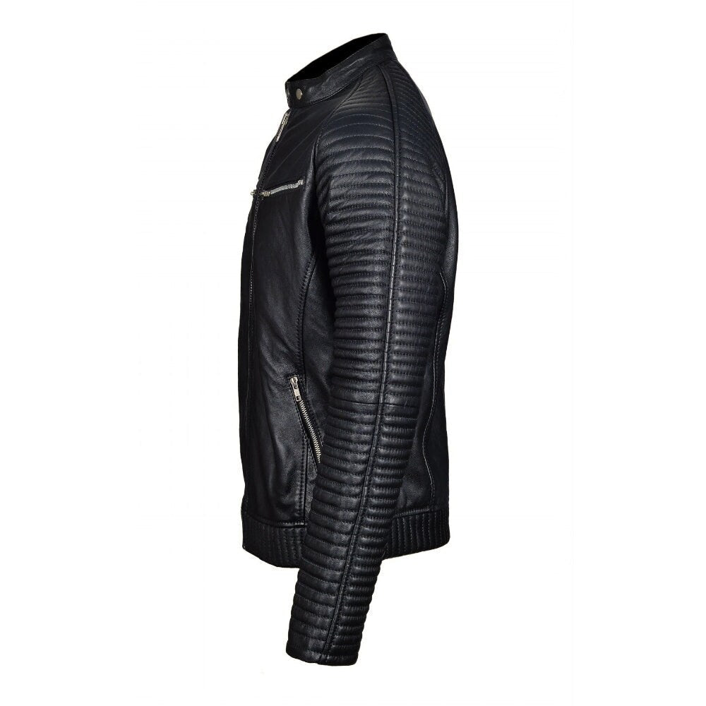 Handmade Haworths Moto Style Leather Jacket With Patterned Sleeves