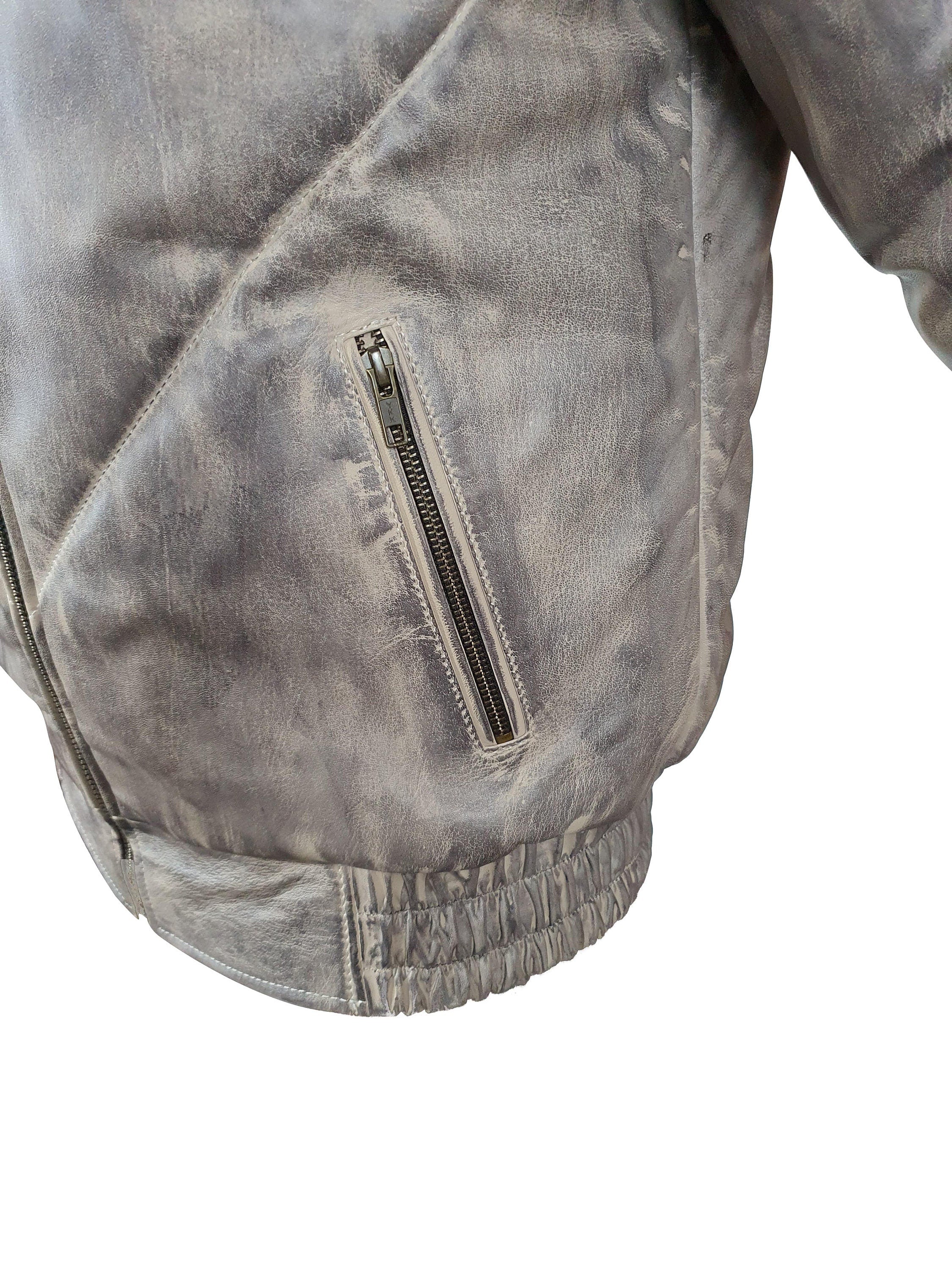 Handmade Casper's V-Bomber Style Puffer Winter Leather Jacket With White Fox Fur Collar