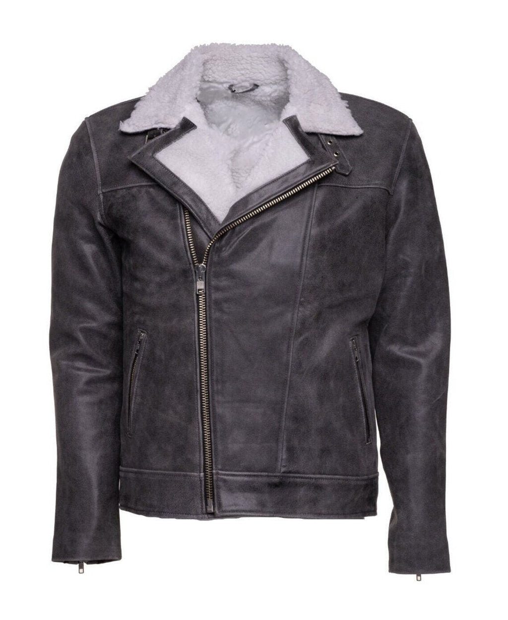 Handmade Vintage Grey Biker Leather Jacket With Sherpa Lining