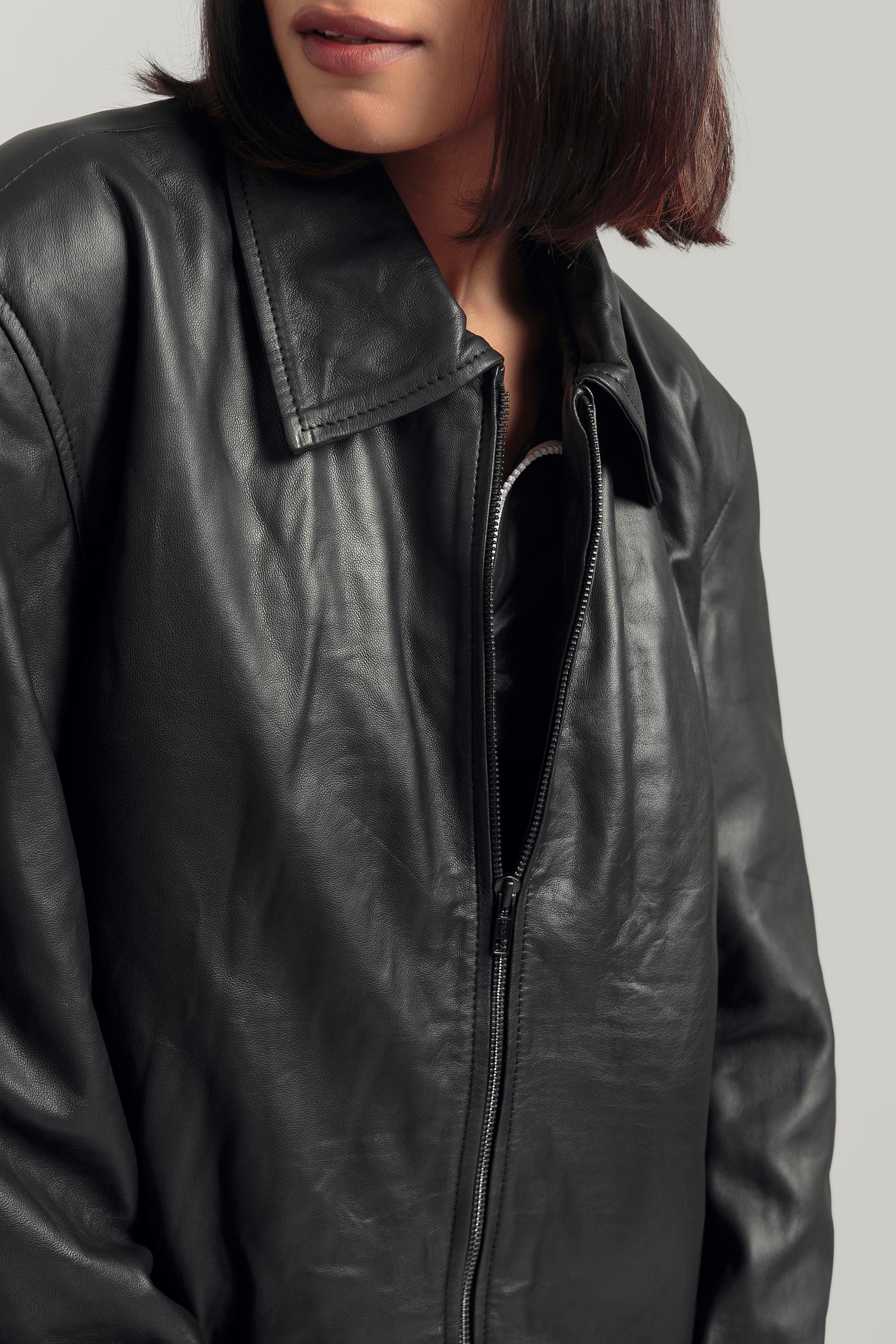 Oversized Baggy Women's Black Classic Bikers Jacket for Women's Retro Bomber Leather Jacket Handcrafted & Designed by Ox and Bulls